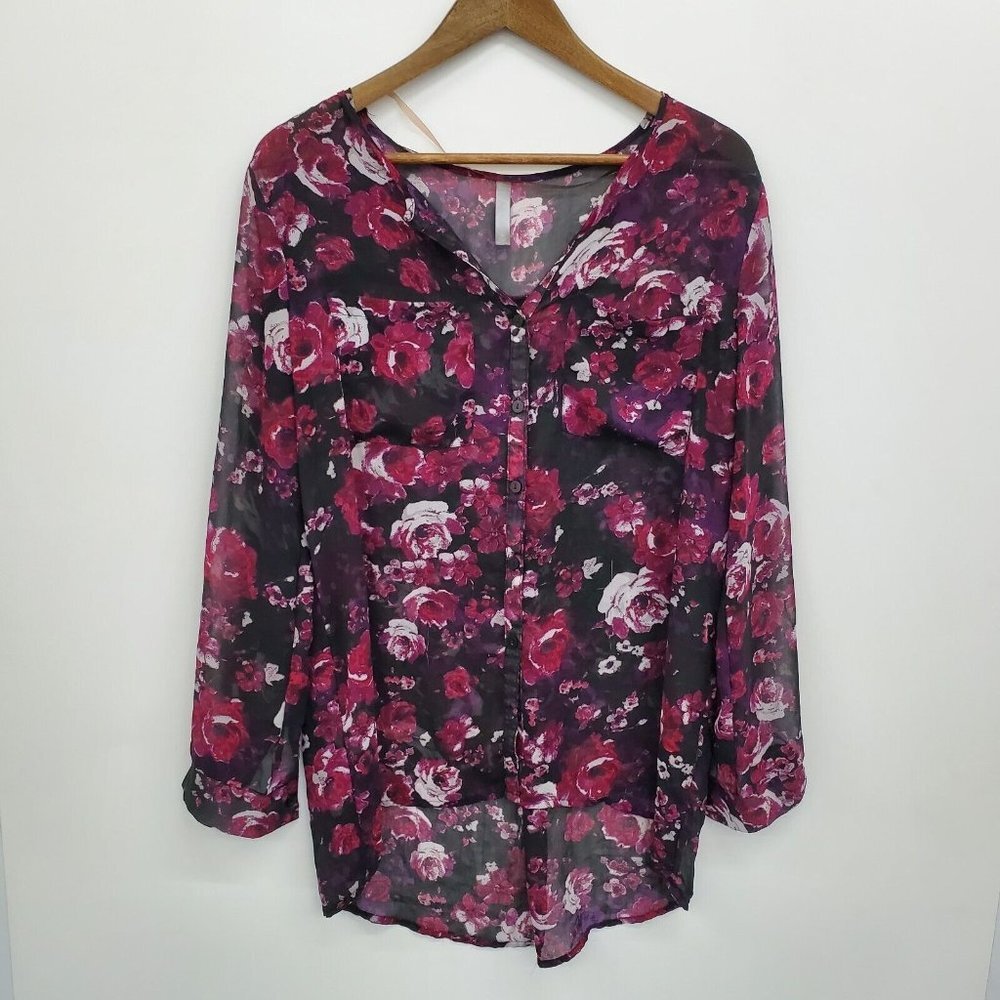 Massini Womens Floral Button Up Sheer Blouse Top Size‎ M Long Sleeve Pockets